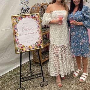 ASOS Edition off shoulder dress embroidered with white daisy’s in white